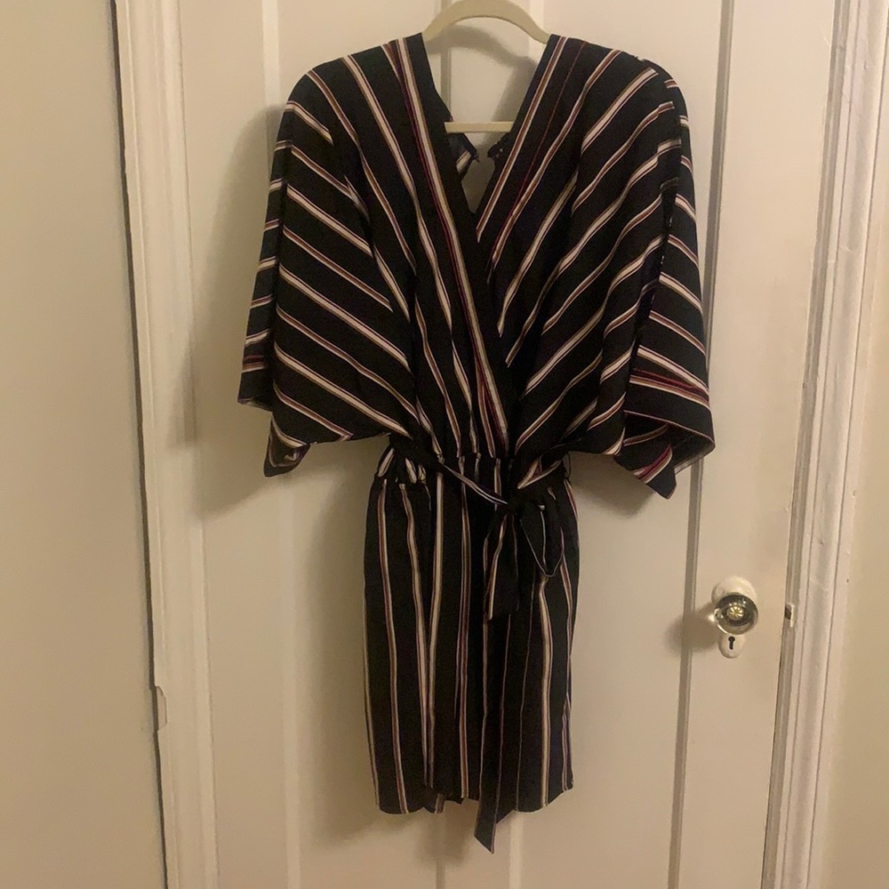 Striped faux wrap romper with bat wing or kimono style sleeves